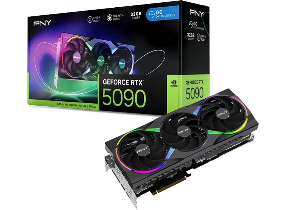 Karta graficzna PNY GeForce RTX 5090 ARGB OC 32GB Karta graficzna w czarnej obudowie z podświetleniem ARGB, prezentowana wraz z opakowaniem, opis