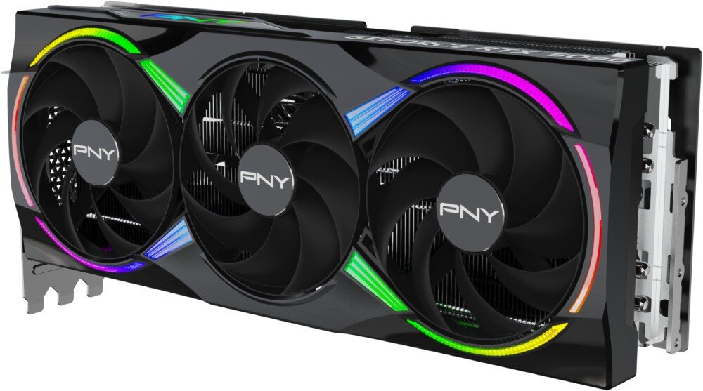 Karta graficzna PNY GeForce RTX 5090 ARGB OC 32GB Zbliżenie na kartę graficzną z trzema wentylatorami i podświetleniem ARGB w różnych kolorach, parametry, architektura, rdzenie CUDA