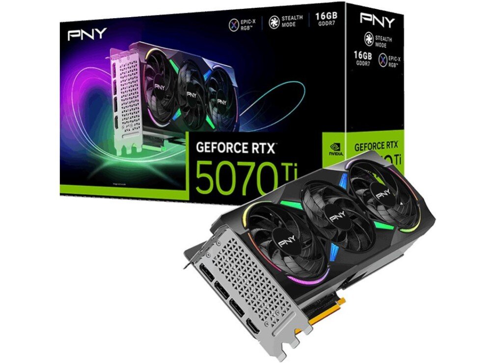Karta graficzna PNY GeForce RTX 5070 Ti ARGB Triple Fan 16GB Karta graficzna w czarnej obudowie z podświetleniem ARGB, prezentowana wraz z opakowaniem, opis