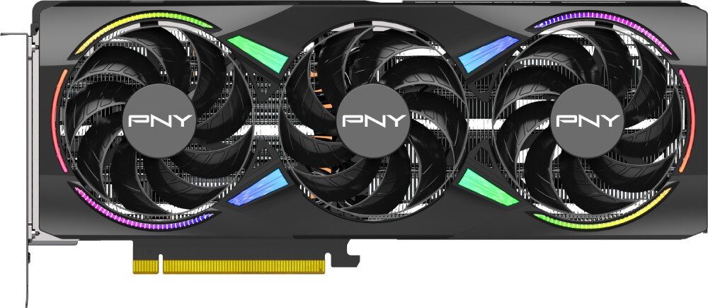 Karta graficzna PNY GeForce RTX 5070 Ti ARGB Triple Fan 16GB Widok na kartę z góry, eksponujący trzy wentylatory oraz system podświetlenia ARGB rozmieszczony wokół nich, chłodzenie, wentylatory
