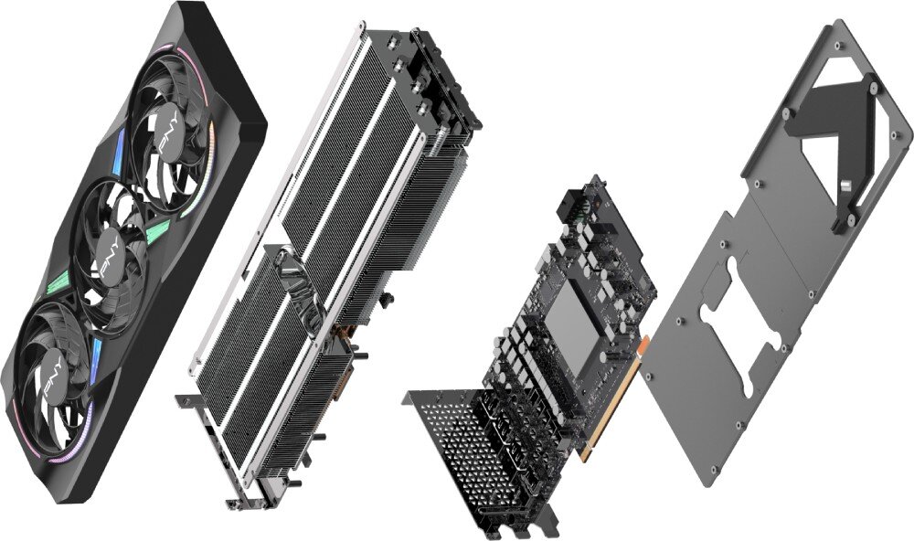 Karta graficzna PNY GeForce RTX 5070 Ti ARGB Triple Fan 16GB Karta przedstawiona w rozłożonej formie, ukazująca poszczególne elementy: obudowę z wentylatorami, radiator, płytę PCB oraz metalowy backplate, budowa, metalowy backplate, otwory wentylacje