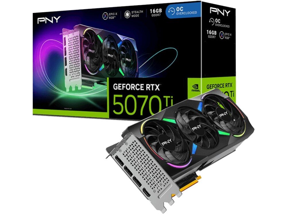 Karta graficzna PNY GeForce RTX 5070 Ti ARGB Triple Fan OC 16GB Karta graficzna w czarnej obudowie z podświetleniem ARGB, prezentowana wraz z opakowaniem, opis