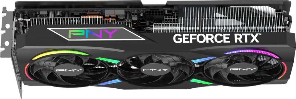 Karta graficzna PNY GeForce RTX 5070 Ti ARGB Triple Fan OC 16GB Widok z boku karty graficznej, pokazujący jej grubość i wielopoziomową budowę chłodzenia, podświetlenie ARGB, efekty, oprogramowanie