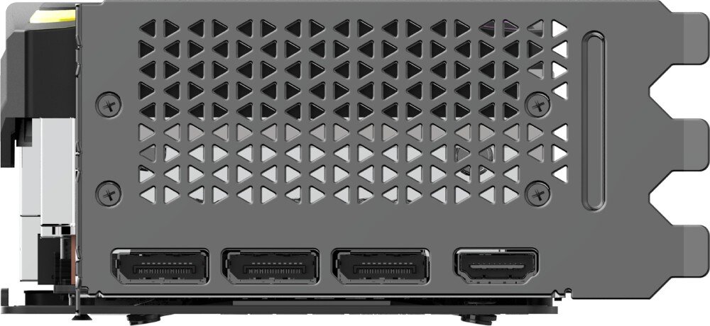 Karta graficzna PNY GeForce RTX 5070 Ti ARGB Triple Fan OC 16GB Panel wyjść karty graficznej, zawierający trzy porty DisplayPort oraz jedno złącze HDMI, porty, podłączenie, interfejs