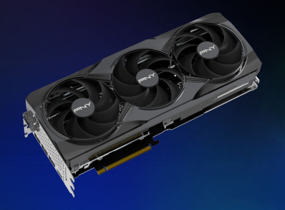 Karta graficzna PNY GeForce RTX 5080 Triple Fan 16GB Karta graficzna na niebieskim tle ukazana w perspektywie