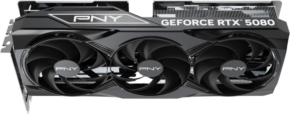 Karta graficzna PNY GeForce RTX 5080 Triple Fan 16GB Górna krawędź obudowy karty z widocznym oznaczeniem modelu 'GEFORCE RTX 5080'