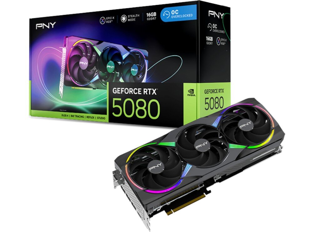 Karta graficzna PNY GeForce RTX 5080 ARGB Triple Fan 16GB OC Karta graficzna w czarnej obudowie z podświetleniem ARGB, prezentowana wraz z opakowaniem, opis