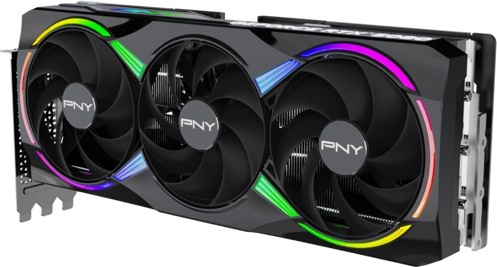 Karta graficzna PNY GeForce RTX 5080 ARGB Triple Fan 16GB OC Zbliżenie na kartę graficzną z trzema wentylatorami i podświetleniem ARGB w różnych kolorach, parametry, architektura, rdzenie CUDA