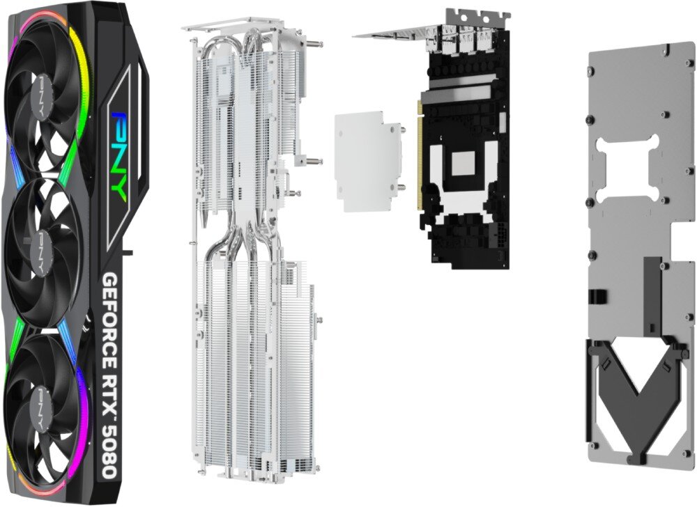Karta graficzna PNY GeForce RTX 5080 ARGB Triple Fan 16GB OC Karta przedstawiona w rozłożonej formie, ukazująca poszczególne elementy: obudowę z wentylatorami, radiator, płytę PCB oraz metalowy backplate, budowa, otwory wentylacje