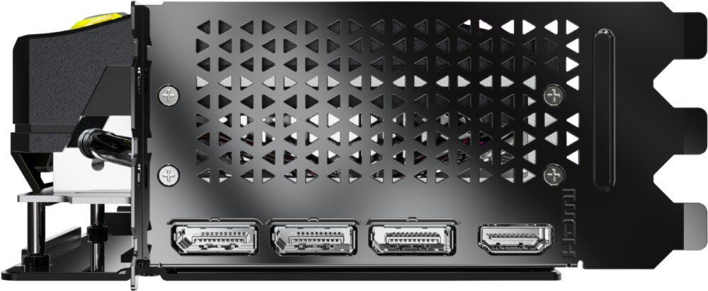 Karta graficzna PNY GeForce RTX 5080 ARGB Triple Fan 16GB OC Panel wyjść karty graficznej, zawierający trzy porty DisplayPort oraz jedno złącze HDMI, porty, podłączenie, interfejs