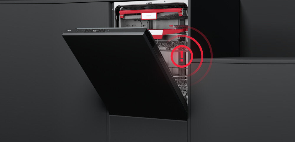 ZMYWARKA TEKA DFI 46960 lifestyle meble zabudowa ciemne szafki panel otwarta ikona grafika wnętrze pusta zmywarka kosze szuflady System bezpieczeństwa AquaSafe ochrona zalanie monitoruje przepływ wody i zapobiega wyciekom czujniki mechanizmy