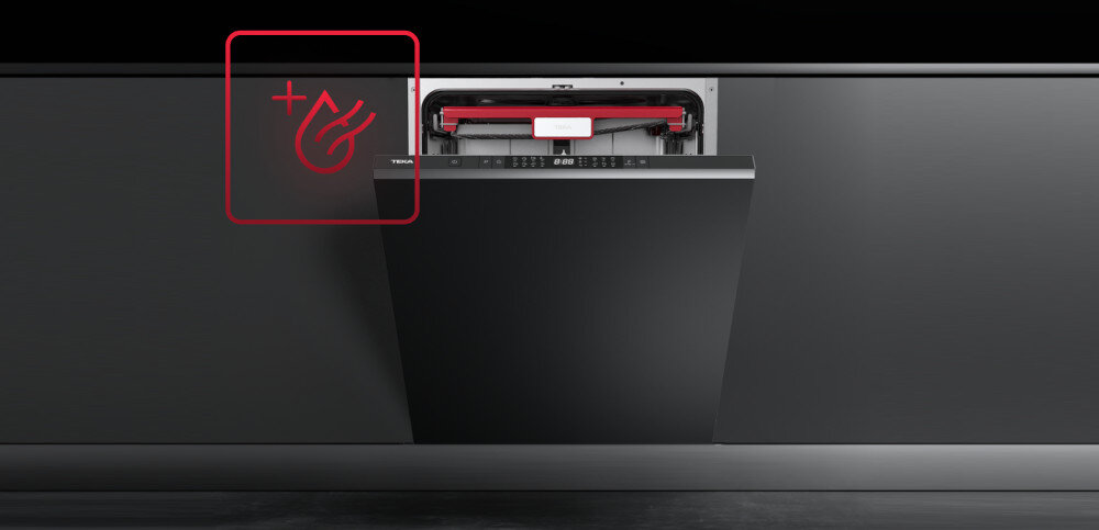 ZMYWARKA TEKA DFI 46960 lifestyle meble zabudowa ciemne szafki panel otwarta ikona grafika Technologia ExtraDry bez smug zacieków suszenie intensywne nagrzewanie krótszy czas bez wycierania polerowania