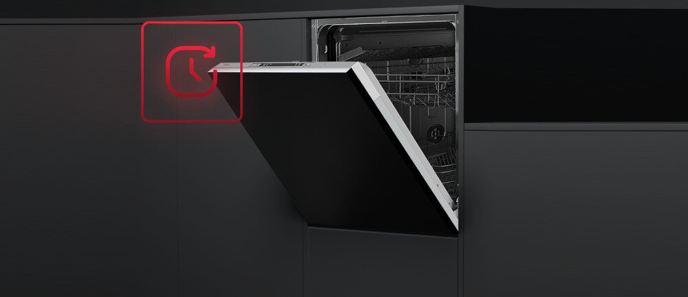 Zmywarka TEKA DFI 46650 lifestyle kuchnia zabudowa ikona grafika zegar czarne meble 3-6-9-12 godzin planowanie czas godzina nocne mycie