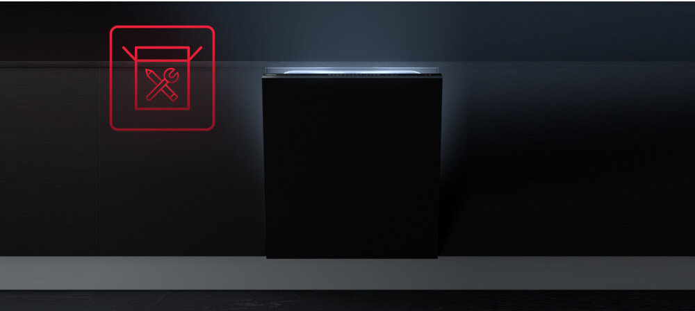 Zmywarka TEKA DFI 44850 zdjęcie lifestyle zabudowa czarne szafki meble ikona grafika narzędzia System łatwego montażu szybkie wygodne dopasowanie regulowane nóżki ustawienie wysokości instalacja