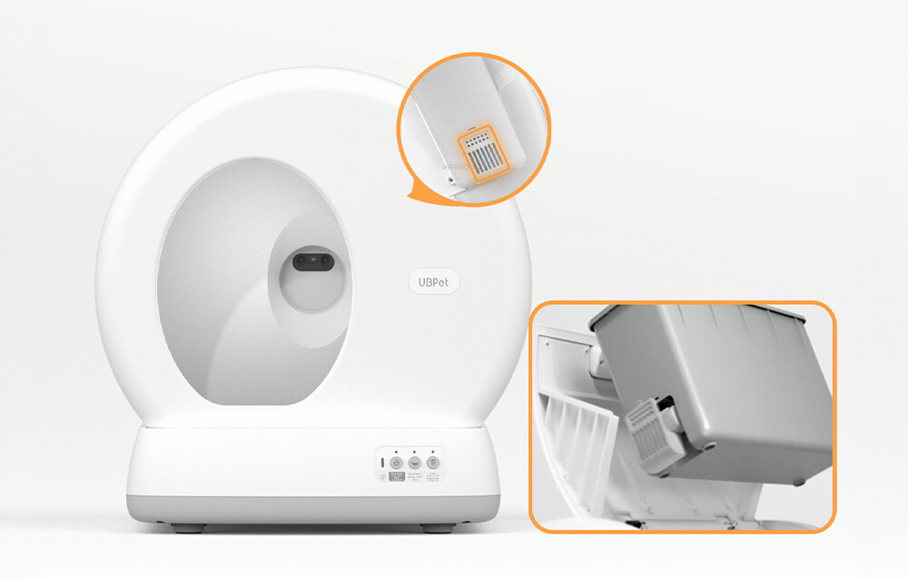Inteligentna kuweta dla kota UBPET C10 Pro Automatyczne usuwanie odpadów Mechanizm samodzielnie oddziela zabrudzony żwirek i kieruje go do zamkniętego worka System dezodoryzacji