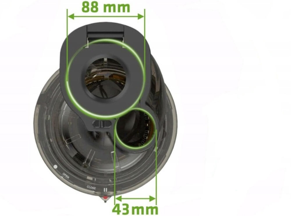 Wyciskarka wolnoobrotowa KUVINGS Revo 830 Czarny dwa zaznaczone otwory duży 88 mm mały 43 mm białe tło dwa otwory duży wlot 88 mm wrzucanie całych owoców jabłka pomarańcze skrócenie czasu przygotowywania soku mniejszy otwór 43 mm twarde włókniste warzywa marchew burak seler naciowy efektywnie wyciskany sok komfort użytkowania