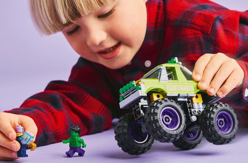 LEGO 76312 Marvel Monster truck Hulka kontra Thanos dziecko bawi się zestawem Tesserakt rękawica figurki pojazd Hulk Smash! grafiki z twarzą Hulka