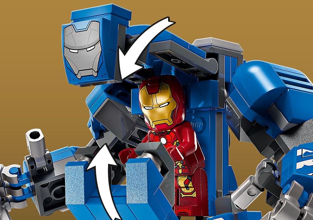 LEGO 76315 Marvel Laboratorium Iron Mana: Zbrojownia kadr na mecha wymiary trzy kapsuły ze zbrojami 9 cm wysokości, 11 cm szerokości i 5 cm głębokości