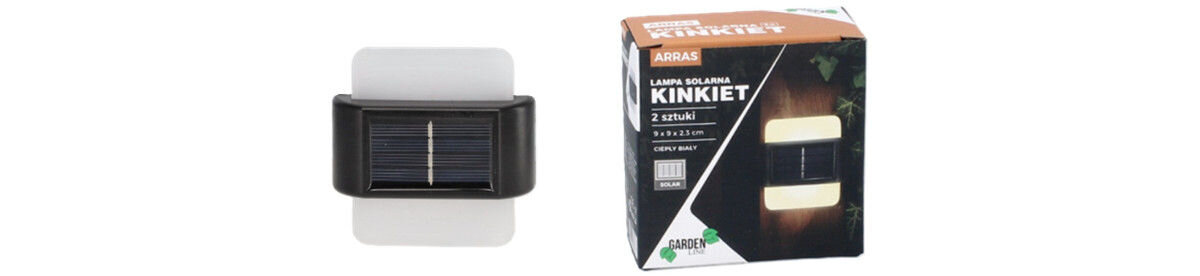 Kinkiet zewnętrzny solarny EXTRALINK Arras EX.24992 Czarny, deszcz, obudowa, czerń, elewacja, na białym tle kinkiet oraz opakowanie fabryczne