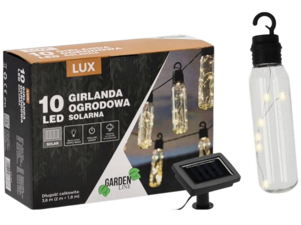Girlanda solarna EXTRALINK Lux EX.24954, ogród, taras, światło, dekoracja, na białym tle opakowanie fabryczne girlandy, obok panel słoneczny i 1 girlanda