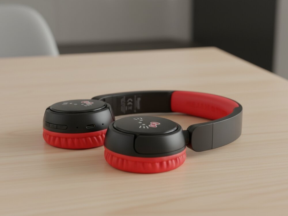 Słuchawki nauszne HELLO KITTY Face Logo Hello Kitty Face Logo - eleganckie słuchawki nauszne z motywem Hello Kitty, słuchawki połozone na stole