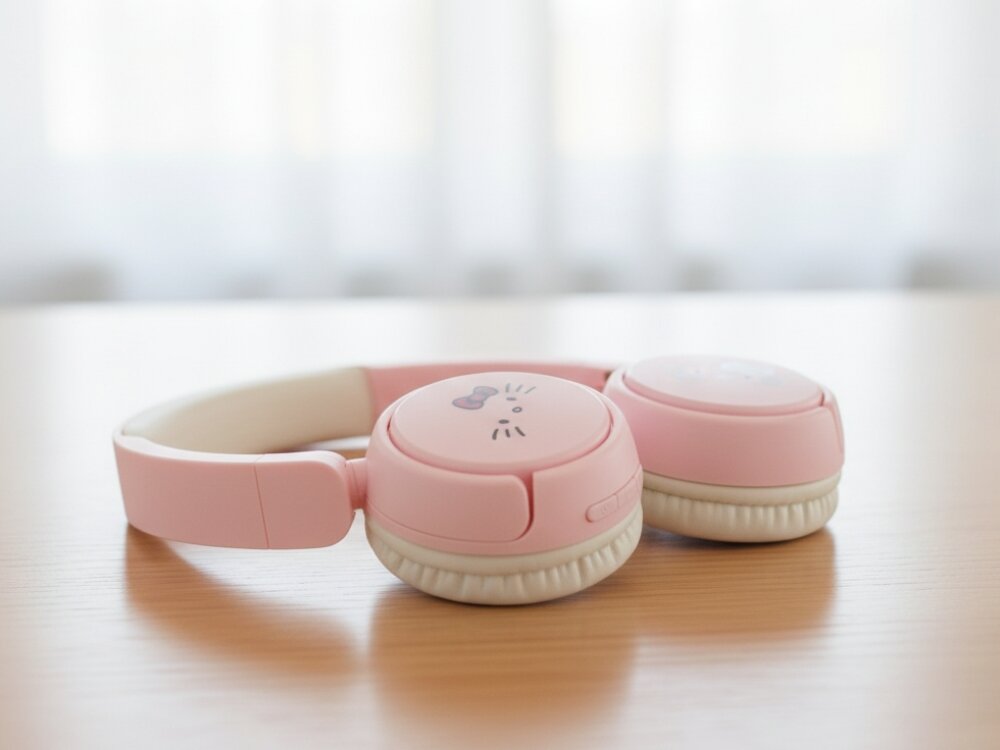 Słuchawki nauszne HELLO KITTY Face Logo Hello Kitty Face Logo - eleganckie słuchawki nauszne z motywem Hello Kitty, słuchawki połozone na stole