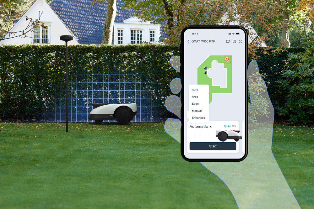 Robot koszący ECOVACS Goat O800 RTK Czarno-biały robot na trawie dłoń z telefonem aplikacja ECOVACS HOME moduł Bluetooth zarządzanie za pomocą smartfona śledzenie pozycji robota w czasie rzeczywistym wygoda kontrola