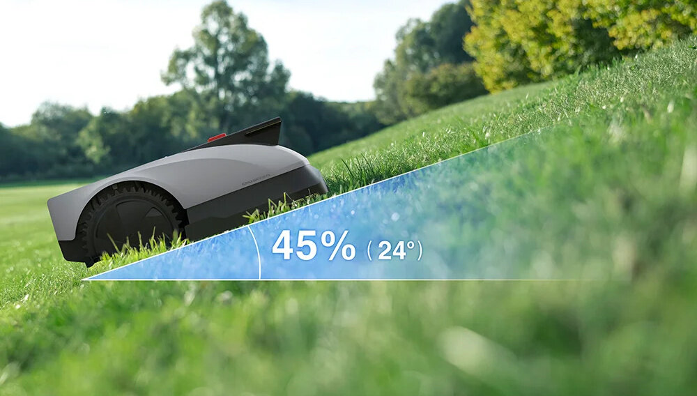 Robot koszący ECOVACS Goat O1200 RTK Szaro-czarny robot podjeżdżający na wzniesienie do małych i większych ogrodów o powierzchin do 1200 m² automatyczna praca cicha i energooszczędna technologia do pracy na nierównym terenem pochyłości do 45% odporność na warunki atmosferyczne