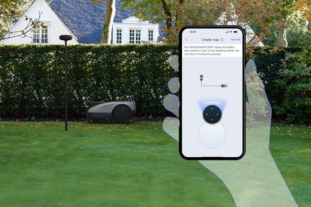 Robot koszący ECOVACS Goat O1200 RTK Szaro-czarny robot na trawie dłoń z telefonem aplikacja ECOVACS HOME moduł Bluetooth zarządzanie za pomocą smartfona śledzenie pozycji robota w czasie rzeczywistym wygoda kontrola