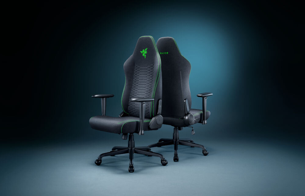 Fotel RAZER Iskur V2 X Czarny prezentacja fotela od przodu i od tyłu na ciemnym tle z niebieskim światłem zintegrowane podparcie lędźwi ergonomia wsparcie dolnej części pleców wyprofilowany łuk naturalna postawa odciąża kręgosłup komfort podczas długich sesji