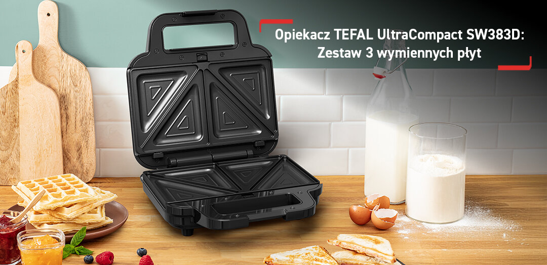 Opiekacz Ultra Compact SW383D 3W1 na kuchennym blacie, obok gofry, tosty i różne składniki.