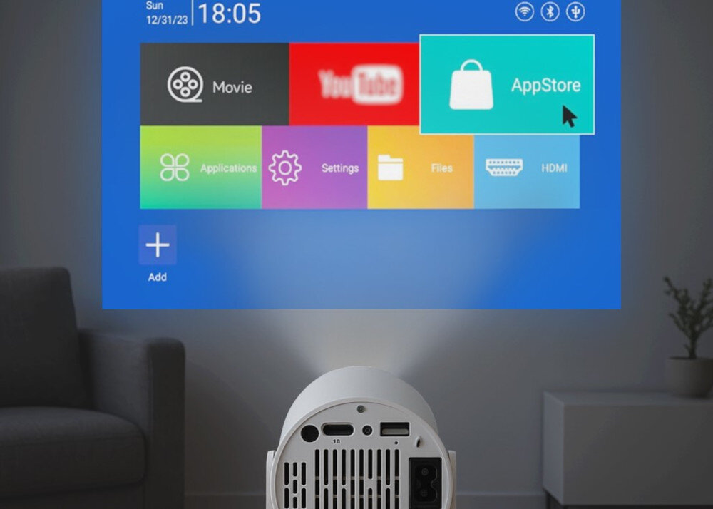 LVN SYSTEM P720 projektor rozmiar obrazu 36-120 cali odległość projekcji 1-3 m, projektor wyświetlający obraz na ścianie w pomieszczeniu