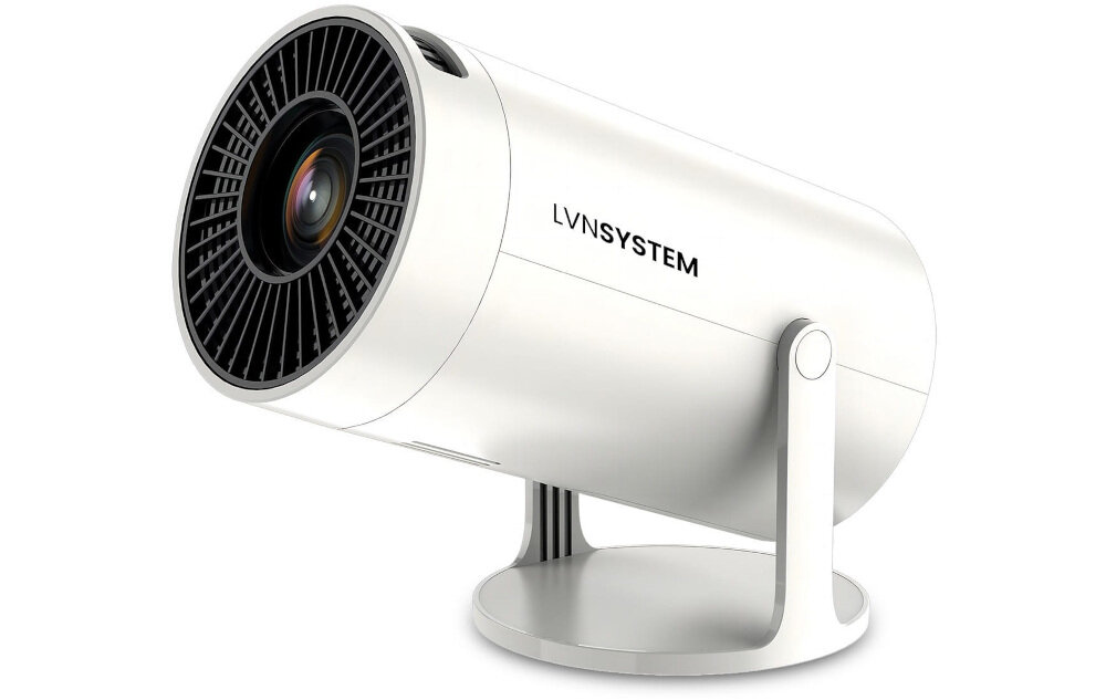 LVN SYSTEM P720 projektor Android streaming YouTube Netflix Disney+ USB pendrive pilot, projektor po skosie na białym tle