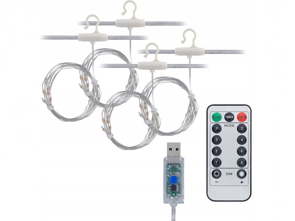 Kurtyna dekoracyjna EXTRALINK EX.73172 300 LED USB 3 x 3 m Biały, haczyki, montaż, drut, wygoda, Komponenty kurtyny LED: sznury z haczykami, wtyczka USB i pilot zdalnego sterowania.