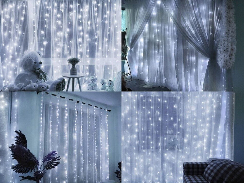 Kurtyna dekoracyjna EXTRALINK EX.73172 300 LED USB 3 x 3 m Biały, tryby, migotanie, USB, klimat, Kolaż zdjęć prezentujący białą kurtynę świetlną LED w różnych aranżacjach wnętrz.