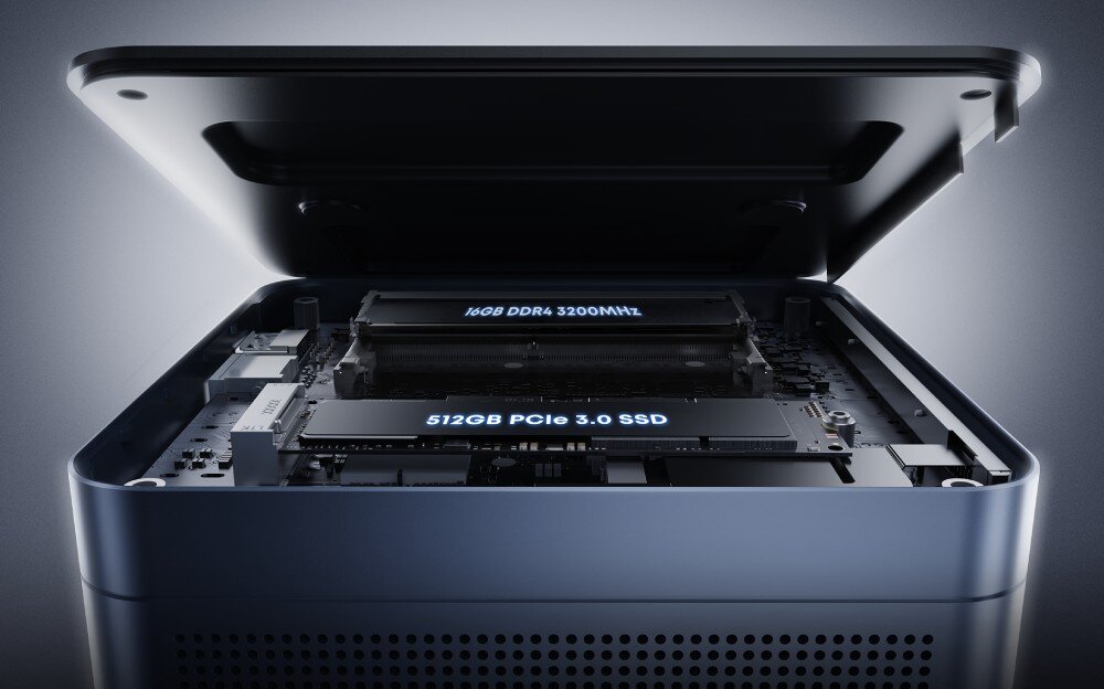 Komputer CHUWI LarkBox-S-P Otwarta obudowa komputera ukazująca podzespoły – moduły pamięci RAM DDR4 i dysk SSD PCIe, pamięć RAM, dysk SSD
