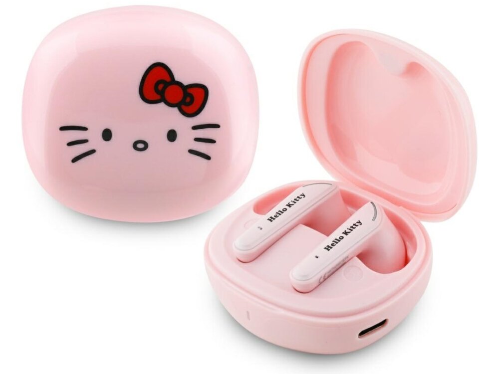 Słuchawki dokanałowe HELLO KITTY O Glossy Finish, etui ładujące na białym tle delikatny kolor charakterystyczny motyw urocze