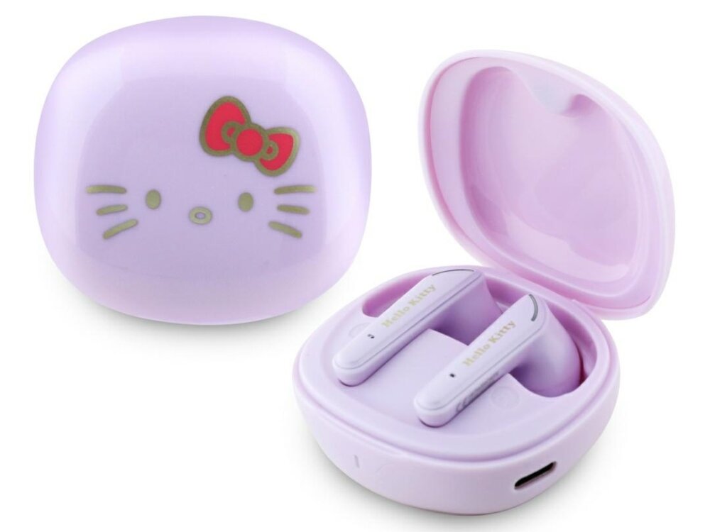 Słuchawki dokanałowe HELLO KITTY O Glossy Finish, etui ładujące na białym tle delikatny kolor charakterystyczny motyw urocze