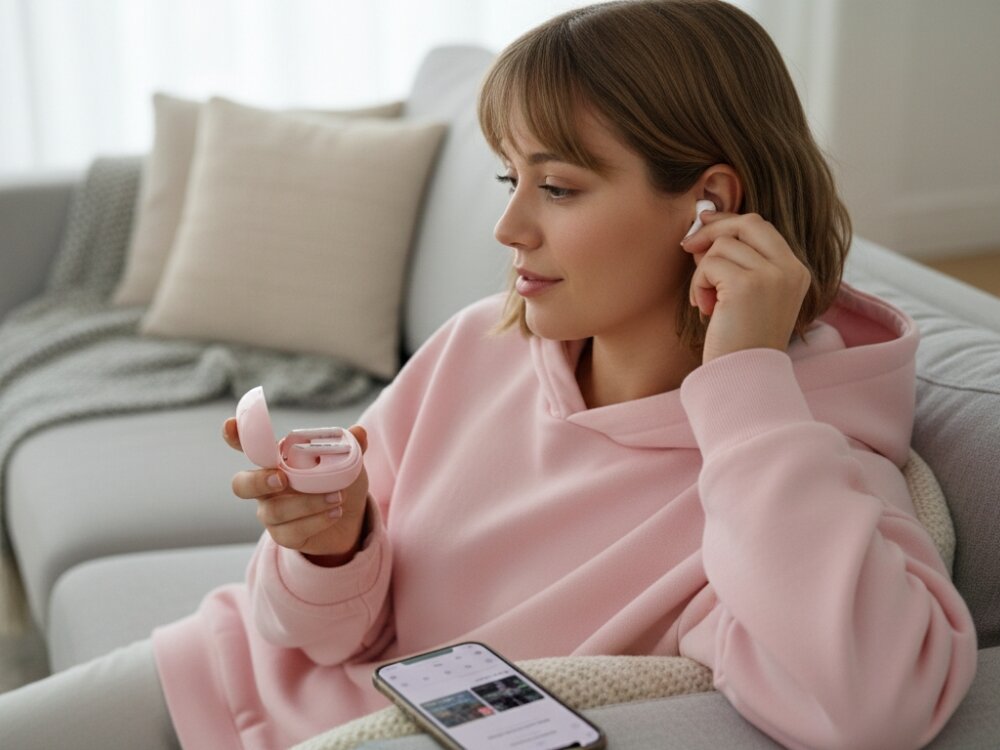 Słuchawki dokanałowe HELLO KITTY O Glossy Finish, kobieta z etui ładującym w dłoni i słuchawką w uchu bluetooth 5.4 dotykowy panel sterowanie muzyką rozmowami asystent głosowy calling control