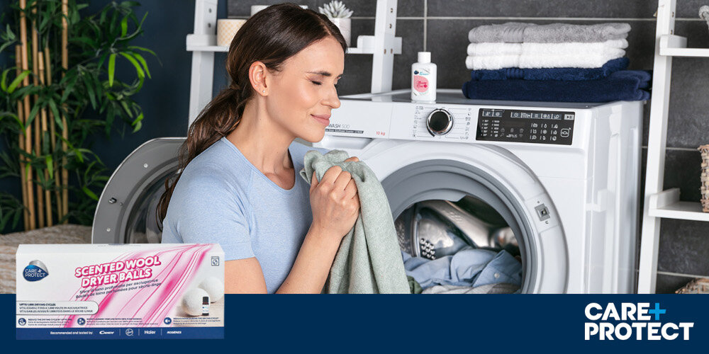PERFUMY DO PRALKI CARE+PROTECT zdjęcie lifestyle pralka łazienka ubrania ręczniki kobieta rośliny panel pralki programy opakowanie wełniane piłki jeszcze dłuższa świeżość do zakupu osobno