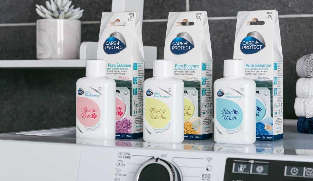 PERFUMY DO PRALKI CARE+PROTECT zdjęcie lifestyle Długotrwały zapach subtelny elegancki zapach intensywność świeżość bez plam świeżość igieł sosnowych subtelna kwiatowa nuta cyklamenu lawenda goździki geranium drzewa cedr bursztyn kumaryna Zapach nawet do 5 tygodni