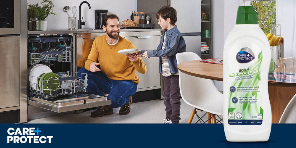 Żel do zmywarki CARE+PROTECT Eco+ CPP650DWE 650 ml zdjęcie lifestyle Hipoalergiczna formuła Bez agresywnych substancji chemicznych dla wrażliwej skóry i w pełni bezpieczny dla ekosystemu