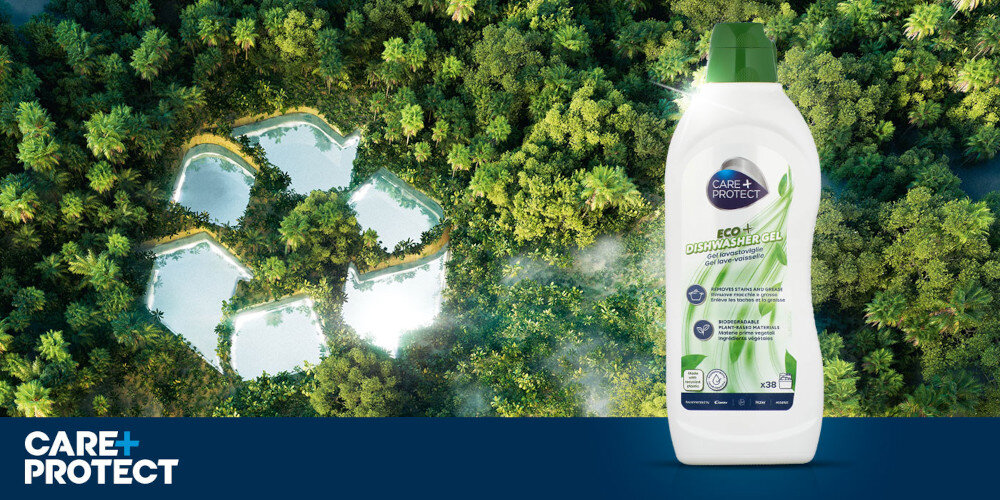 Żel do zmywarki CARE+PROTECT Eco+ CPP650DWE 650 ml zdjęcie lifestyle Mniej plastiku to troska o przyszłość Biodegradowalna formuła i opakowanie z plastiku recykling ekologia