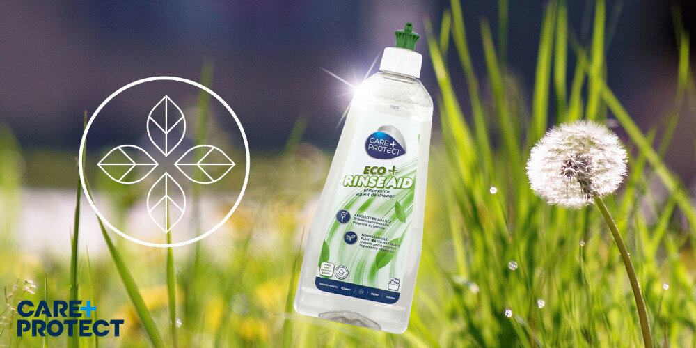 Nabłyszczacz do zmywarki CARE+PROTECT Eco+ CPP500DWE 500 ml zdjęcie lifestyle ikona grafika trawa zieleń natura Natural Power siła natury skuteczność bezpieczeństwo Ekologiczna formuła dbanie o środowisko