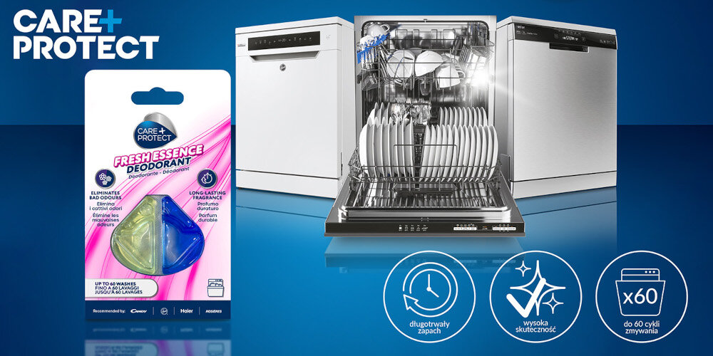 Odświeżacz do zmywarek CARE+PROTECT Fresh Essence CPP60DW zdjęcie lifestyle zmywarki wizualizacja ikony grafiki Dom lśniący czystością łatwe czyszczenie