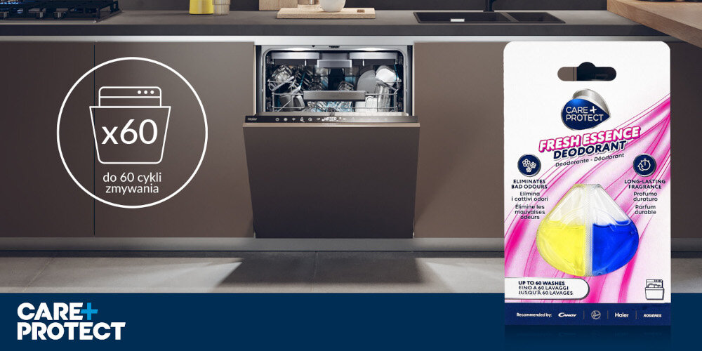 Odświeżacz do zmywarek CARE+PROTECT Fresh Essence CPP60DW zdjęcie lifestyle ikona grafika zmywarka otwarta wnętrze naczynia opakowanie 60 cykli skuteczności trwała formuła aromat zapach cytrynowy świeżość