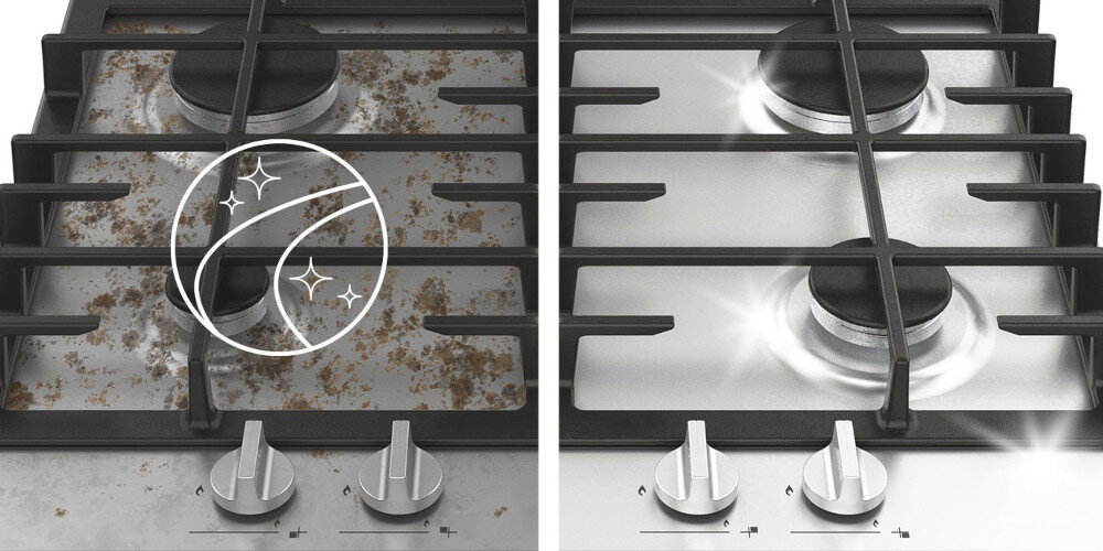 Płyn do czyszczenia stali nierdzewnej CARE+PROTECT CSL3801/1 500 ml płyta porównanie strona lewa prawa ikona grafika skutecznie usuwa tłuste osady olej uporczywe zabrudzenia nie niszczy struktury warstwa ochronna