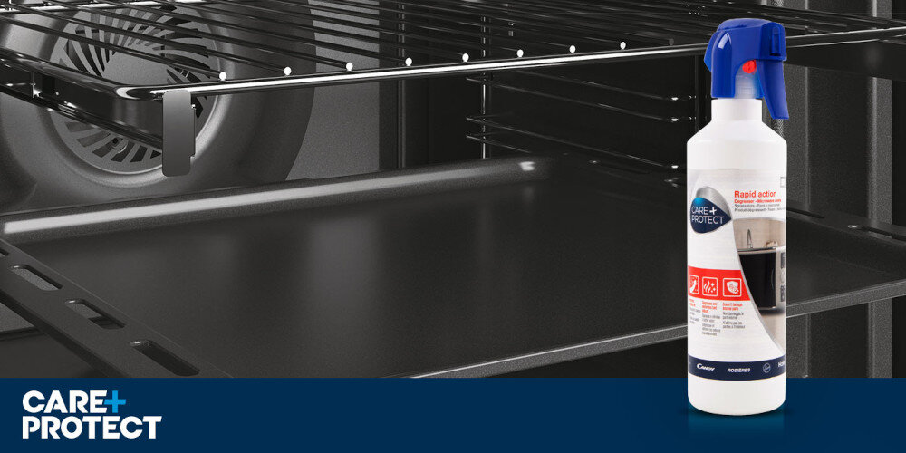 PŁYN DO CZYSZCZENIA PIEKARNIKÓW CARE+PROTECT CSL3701 1 - SPRAY 500 ML zdjęcie lifestyle piekarnik wnętrze blacha ruszt wentylator opakowanie butelka Szybkie i skuteczne działanie błyskawicznie rozpuszcza zabrudzenia tłuszcz przypalenia łatwe szybkie czyszczenie