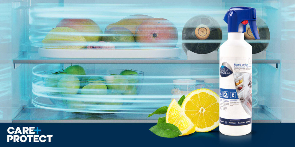 Płyn do czyszczenia Lodówek CARE+PROTECT CSL4001/1 500 ml zdjęcie lifestyle wizualizacja wnętrze lodówki szuflady niebieskie barwy produkt opakowanie cytryny usuwanie zapachów świeżość
