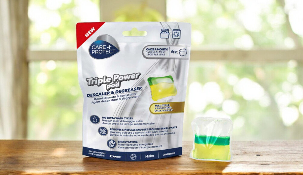 KAPSUŁKI DO CZYSZCZENIA PRALEK I ZMYWAREK CARE+PROTECT TRIPLE POWER CPPPODWMDW zdjęcie lifestyle opakowanie kapsułka blat tło utrzymanie wydajności ochrona optymalna praca trwałość na długo potrójne działanie odtłuszczanie usuwa nieprzyjemne zapachy ochrona osady skuteczne działanie efektywność wysokie poziom usuwa kamień nieprzyjemne zapachy higiena czystość